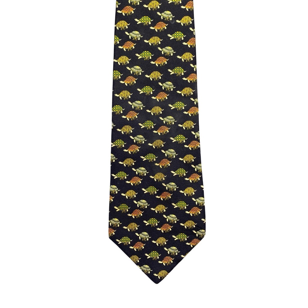 Salvatore Ferragamo Silk Tie Navy Blue Turtle Animal Print Made in Italy